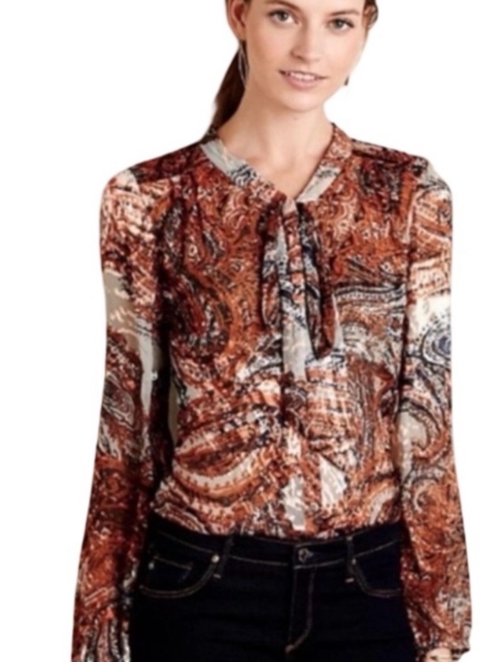 Anthropologie Meadow Rue Paisley clip jacquard Tie-Neck Blouse- Rust &blue Multi